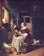 Pieter Cornelisz. van Slingelandt A young lacemaker is interrupted by a birdseller who offers her ware through the window oil painting on canvas